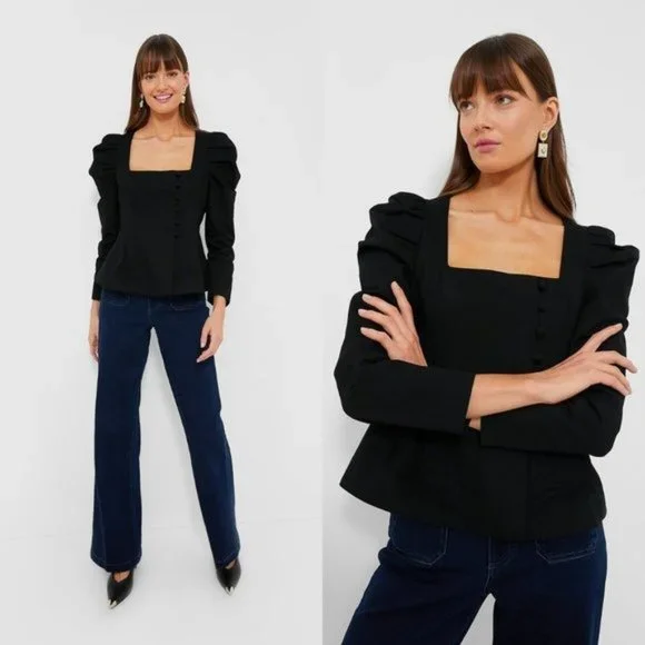 Tuckernuck NEW Black Calla Structured Puff Sleeve Button Blouse Size XL - Picture 3 of 11